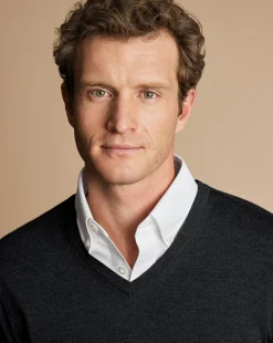 Discount Charles Tyrwhitt Merino V-Neck Sweater - Grey Charcoal