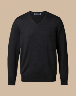 Discount Charles Tyrwhitt Merino V-Neck Sweater - Grey Charcoal