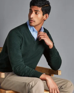 Shop Charles Tyrwhitt Merino V-Neck Sweater - Forest Green