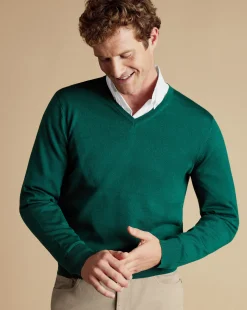 Outlet Charles Tyrwhitt Merino V-Neck Sweater - Green