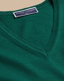 Outlet Charles Tyrwhitt Merino V-Neck Sweater - Green