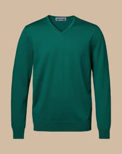 Outlet Charles Tyrwhitt Merino V-Neck Sweater - Green