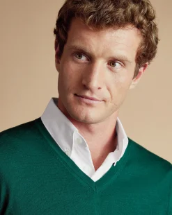 Outlet Charles Tyrwhitt Merino V-Neck Sweater - Green