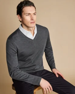 Clearance Charles Tyrwhitt Merino V-Neck Sweater - Grey