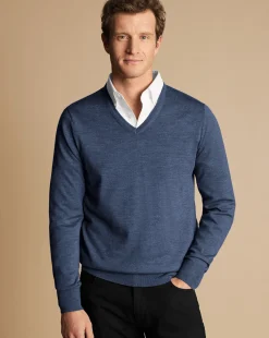 Outlet Charles Tyrwhitt Merino V-Neck Sweater - Melange Indigo