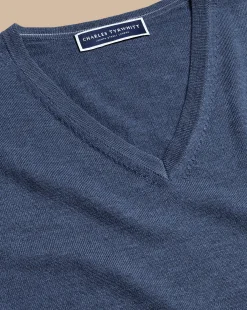 Outlet Charles Tyrwhitt Merino V-Neck Sweater - Melange Indigo