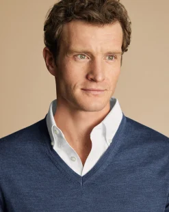Outlet Charles Tyrwhitt Merino V-Neck Sweater - Melange Indigo