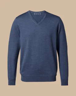 Outlet Charles Tyrwhitt Merino V-Neck Sweater - Melange Indigo