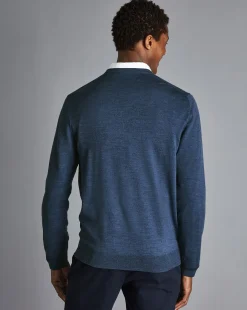Outlet Charles Tyrwhitt Merino V-Neck Sweater - Melange Indigo