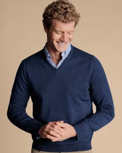 Best Charles Tyrwhitt Merino V-Neck Sweater - Ink Blue