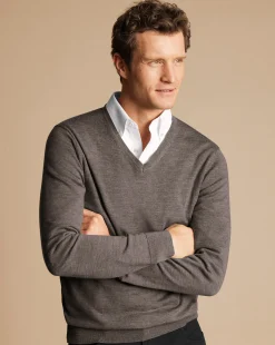 Cheap Charles Tyrwhitt Merino V-Neck Sweater - Mocha