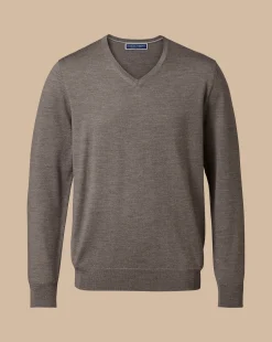 Cheap Charles Tyrwhitt Merino V-Neck Sweater - Mocha