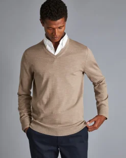 Hot Charles Tyrwhitt Merino V-Neck Sweater - Oatmeal