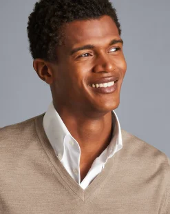 Hot Charles Tyrwhitt Merino V-Neck Sweater - Oatmeal