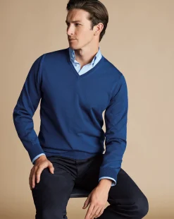 New Charles Tyrwhitt Merino V-Neck Sweater - Ocean Blue