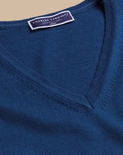 New Charles Tyrwhitt Merino V-Neck Sweater - Ocean Blue