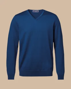 New Charles Tyrwhitt Merino V-Neck Sweater - Ocean Blue