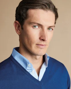 New Charles Tyrwhitt Merino V-Neck Sweater - Ocean Blue