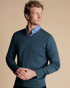 Cheap Charles Tyrwhitt Merino V-Neck Sweater - Petrol Blue