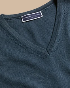 Cheap Charles Tyrwhitt Merino V-Neck Sweater - Petrol Blue