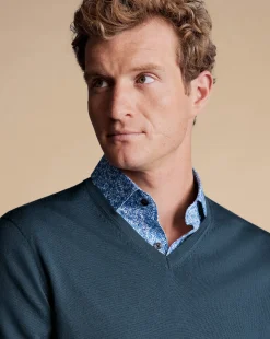 Cheap Charles Tyrwhitt Merino V-Neck Sweater - Petrol Blue