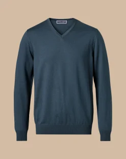 Cheap Charles Tyrwhitt Merino V-Neck Sweater - Petrol Blue