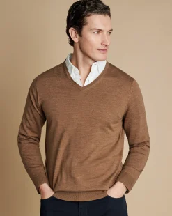 Sale Charles Tyrwhitt Merino V-Neck Sweater - Sand