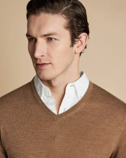 Sale Charles Tyrwhitt Merino V-Neck Sweater - Sand