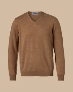 Sale Charles Tyrwhitt Merino V-Neck Sweater - Sand