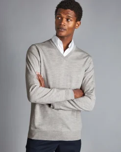 Flash Sale Charles Tyrwhitt Merino V-Neck Sweater - Silver