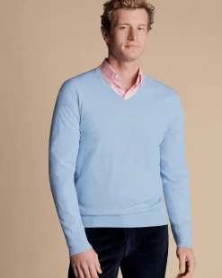 Fashion Charles Tyrwhitt Merino V-Neck Sweater - Blue Sky