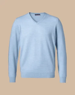 Fashion Charles Tyrwhitt Merino V-Neck Sweater - Blue Sky