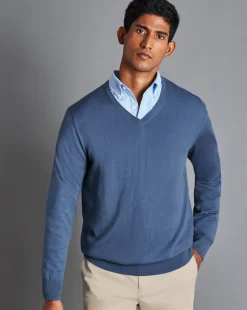 Sale Charles Tyrwhitt Merino V-Neck Sweater - Steel Blue