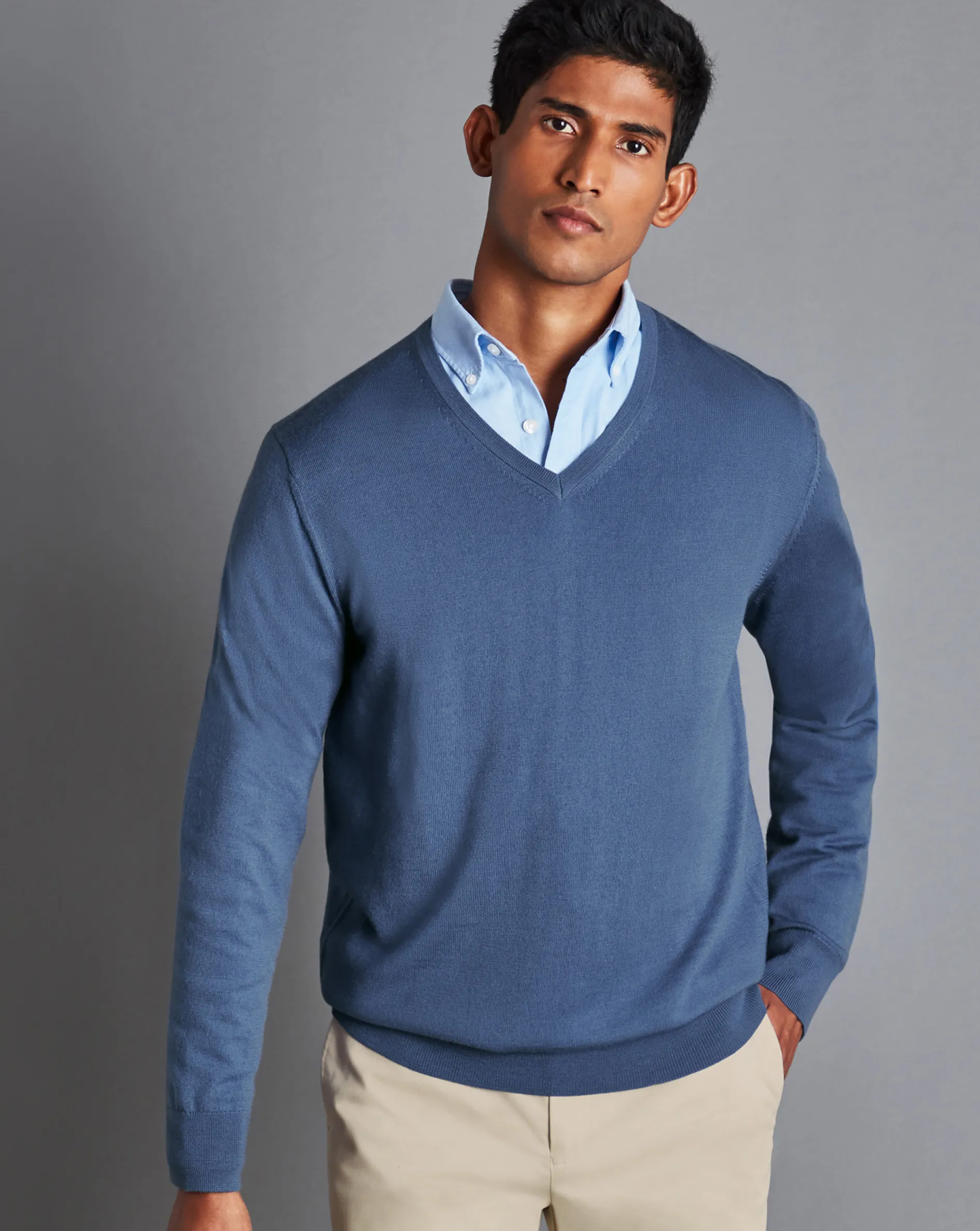 Sale Charles Tyrwhitt Merino V-Neck Sweater - Steel Blue