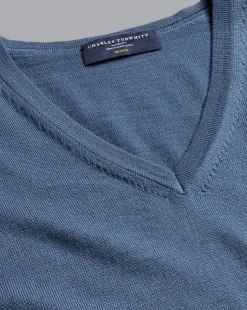 Sale Charles Tyrwhitt Merino V-Neck Sweater - Steel Blue