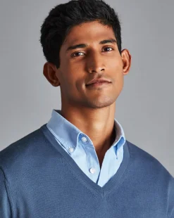 Sale Charles Tyrwhitt Merino V-Neck Sweater - Steel Blue
