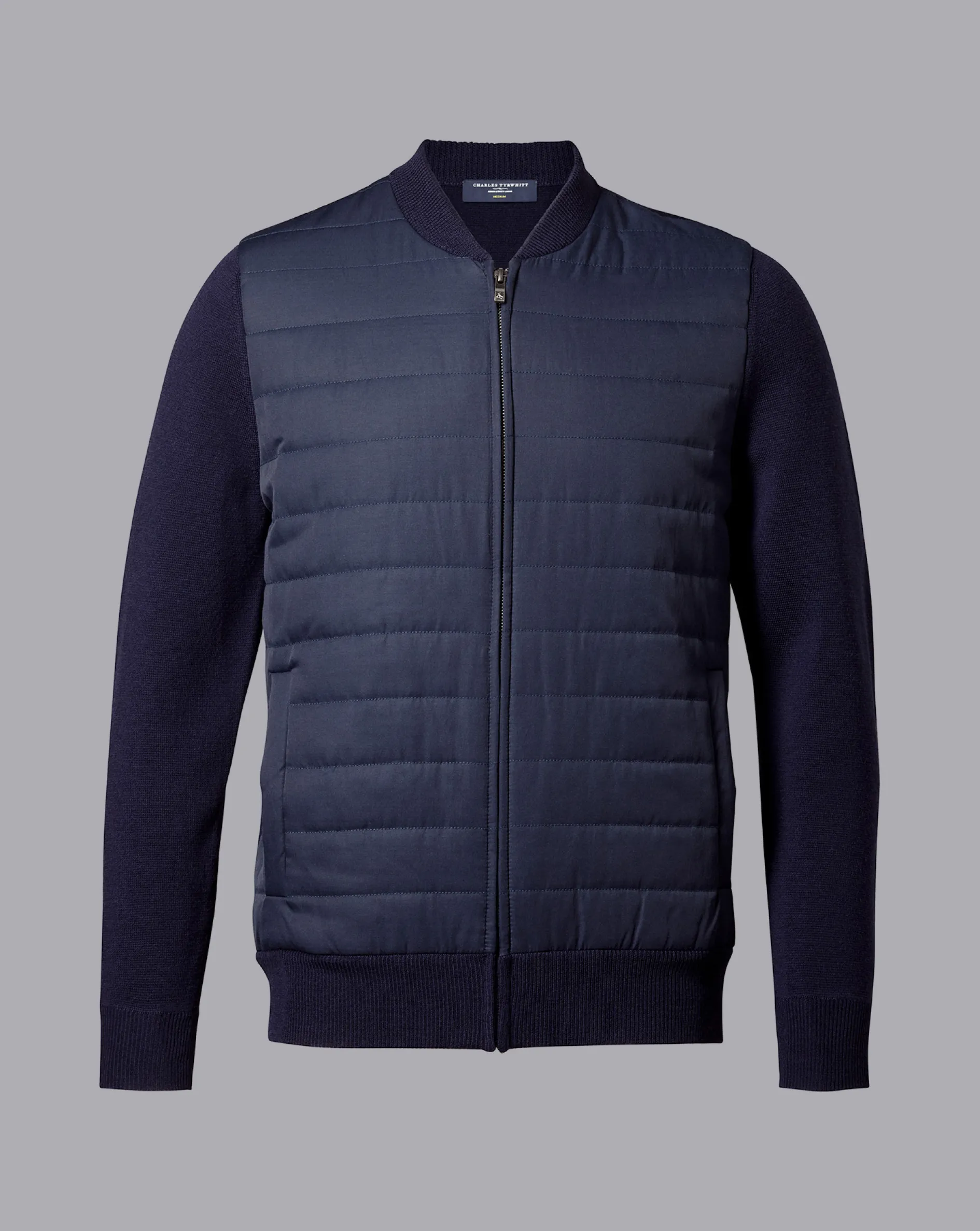 Sale Charles Tyrwhitt Merino Zip Through Hybrid Bomber Jacket - Navy