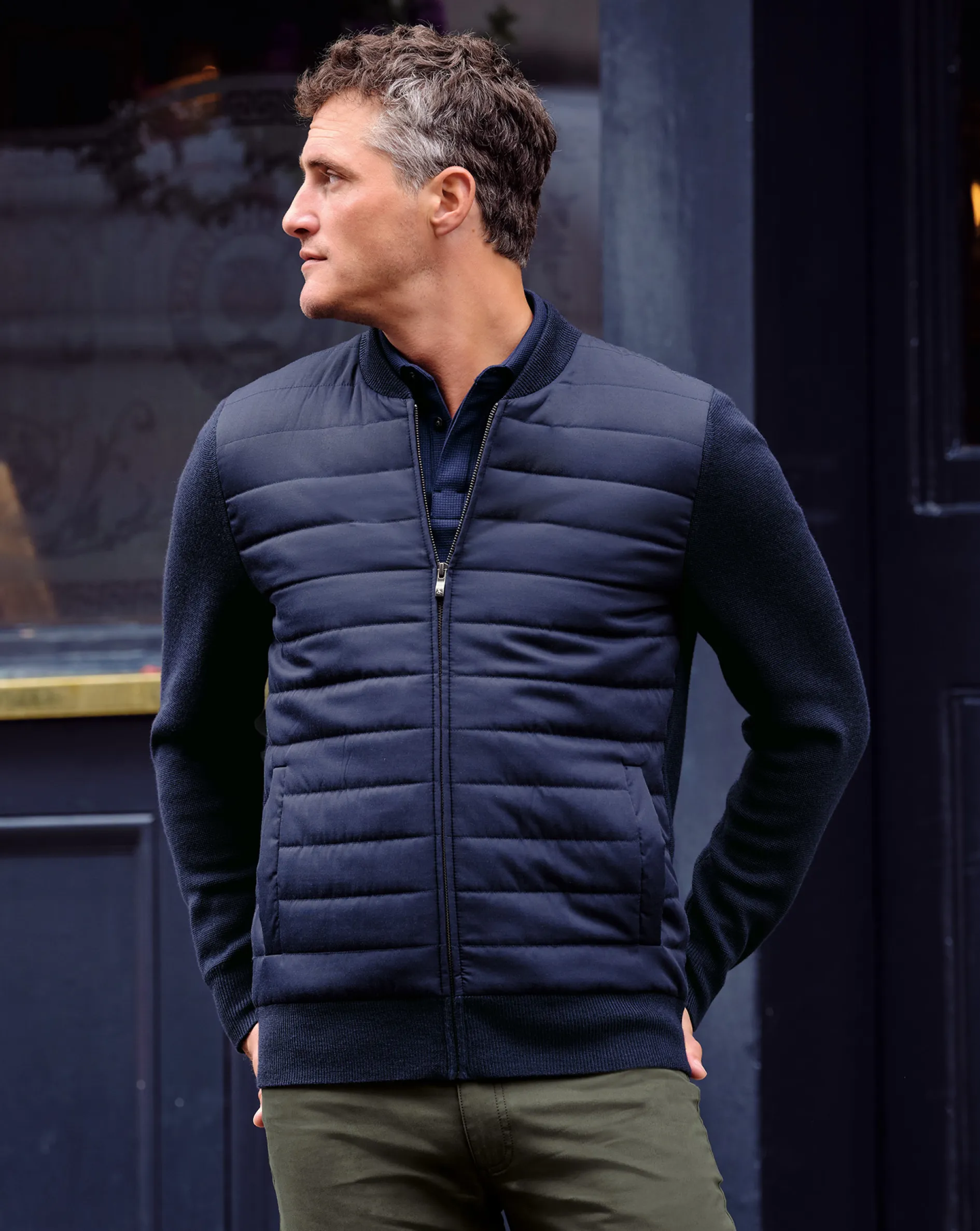 Sale Charles Tyrwhitt Merino Zip Through Hybrid Bomber Jacket - Navy