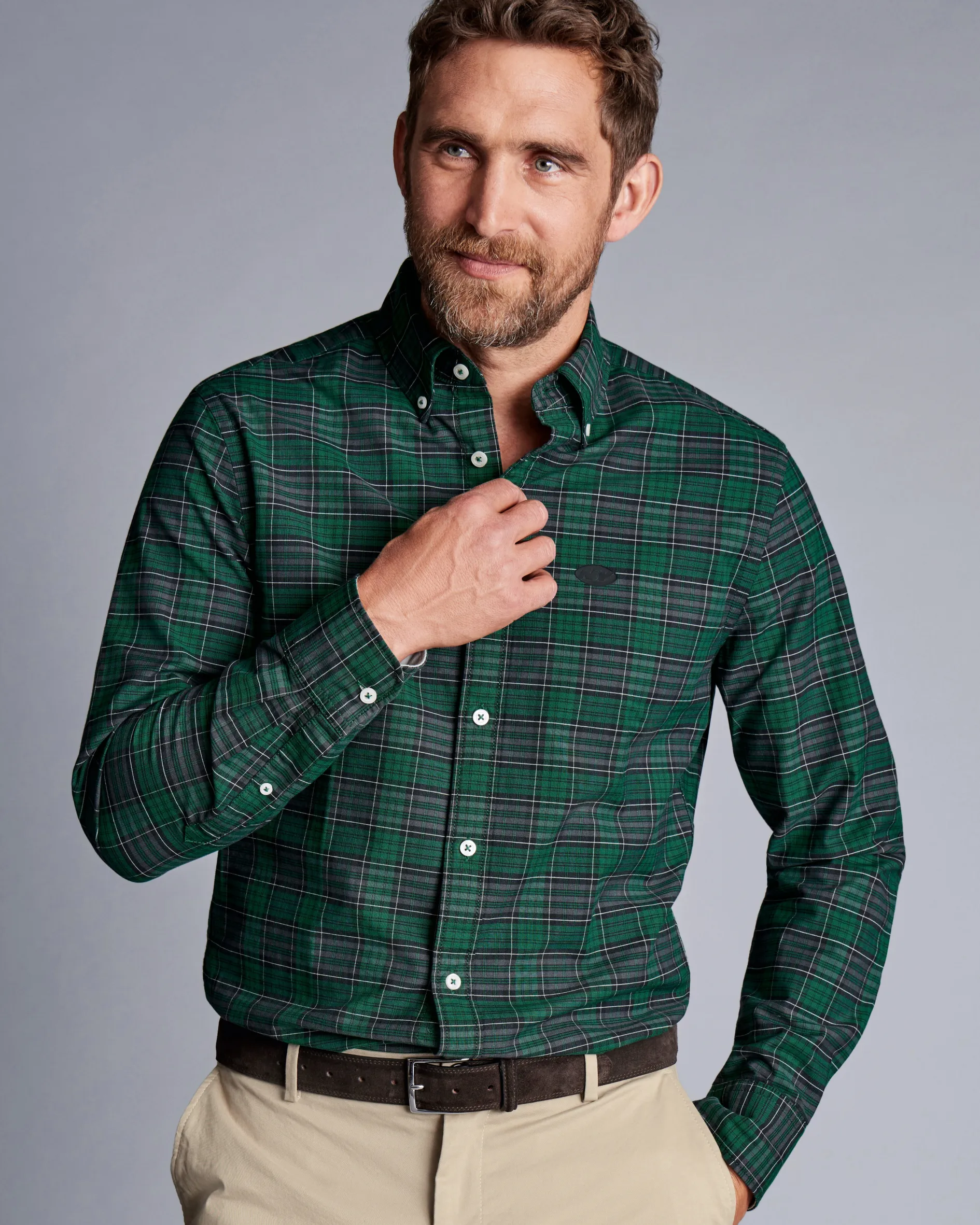 Fashion Charles Tyrwhitt New York Jets Button-Down Collar Washed Oxford Check Shirt - Green