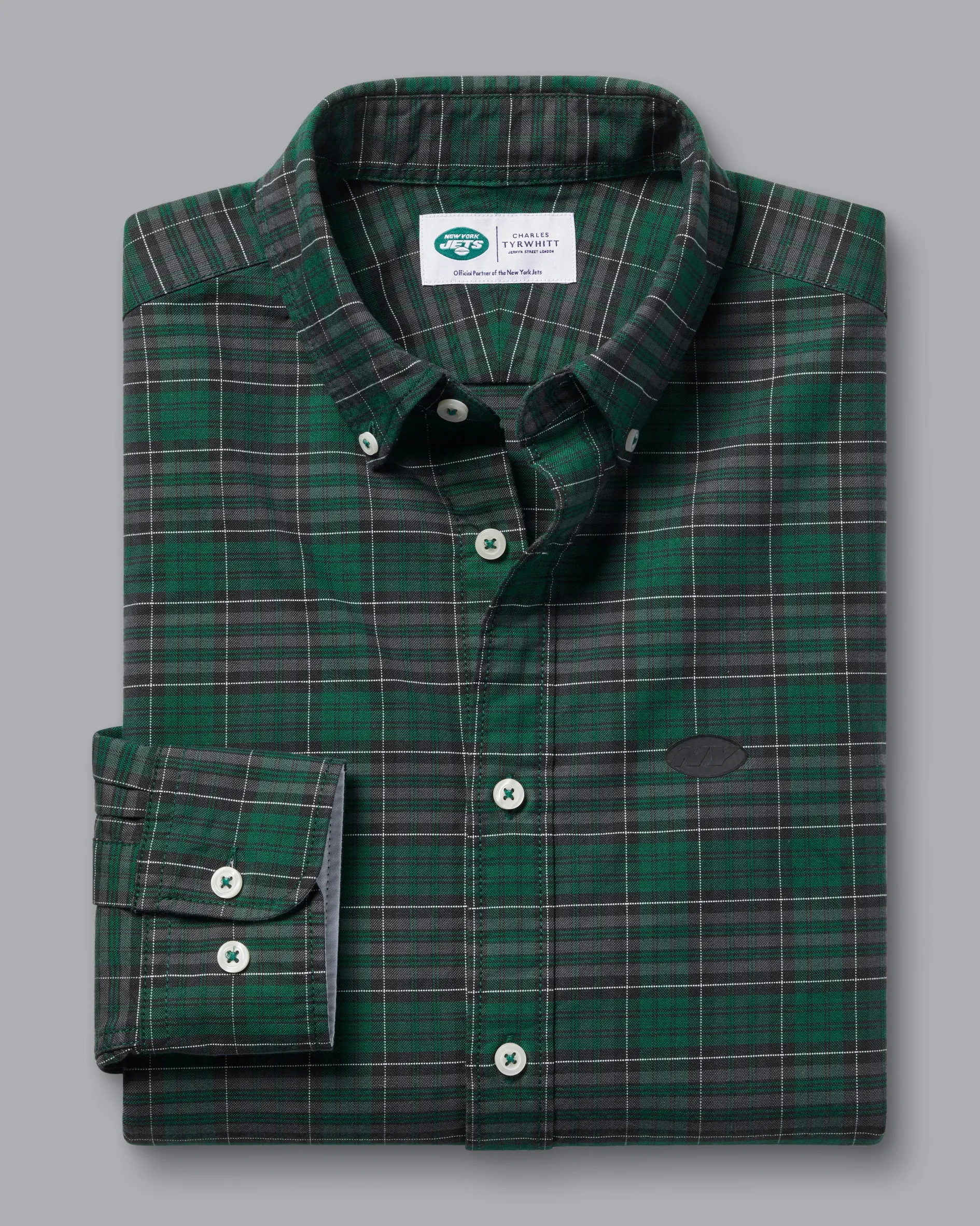 Fashion Charles Tyrwhitt New York Jets Button-Down Collar Washed Oxford Check Shirt - Green