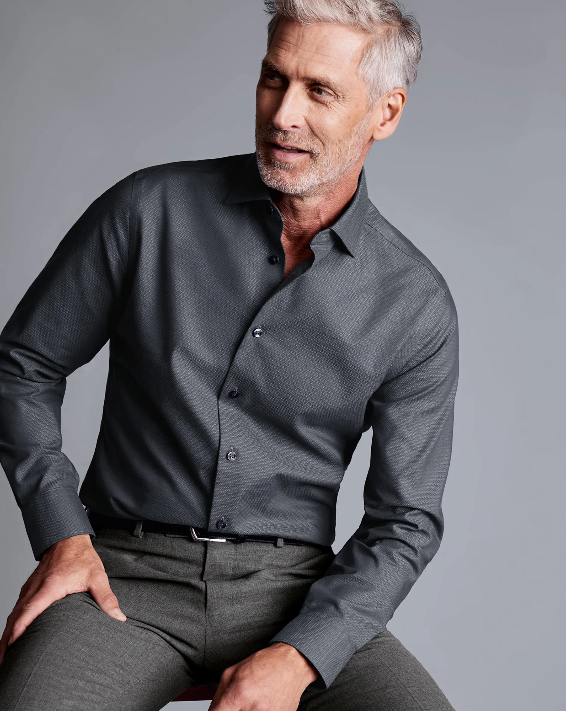 Best Charles Tyrwhitt Non-Iron Diamond Stretch Texture Shirt - Grey Charcoal