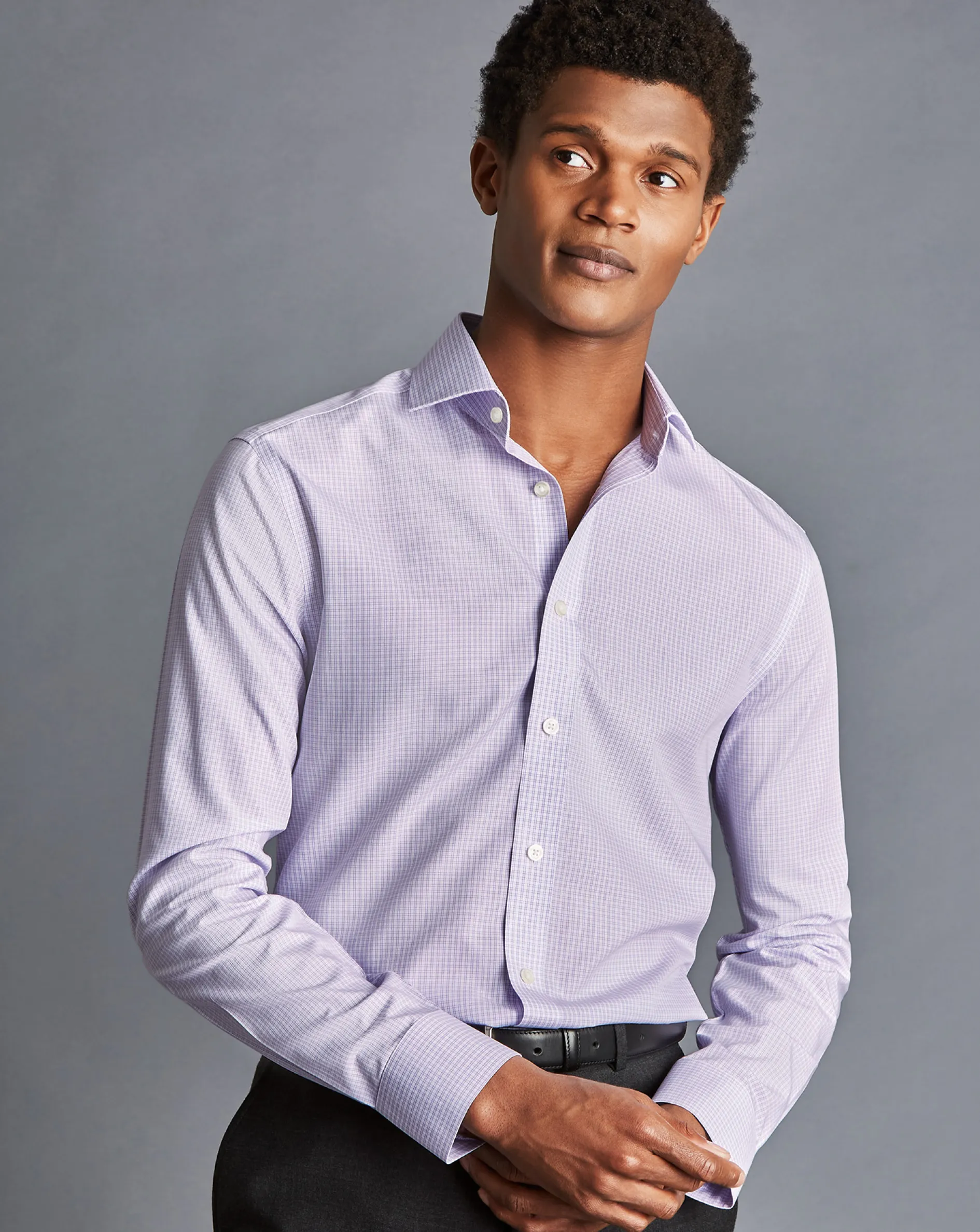 Best Charles Tyrwhitt Non-Iron Double Check Shirt - Lilac Purple