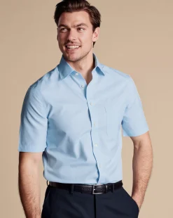 Cheap Charles Tyrwhitt Non-Iron Poplin Short-Sleeve Shirt - Blue Sky