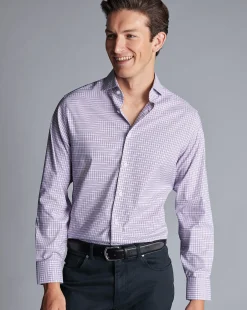 Discount Charles Tyrwhitt Non-Iron Stretch Twill Grid Check Shirt - Mauve Purple