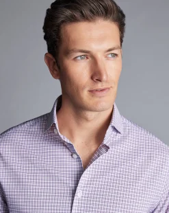Discount Charles Tyrwhitt Non-Iron Stretch Twill Grid Check Shirt - Mauve Purple