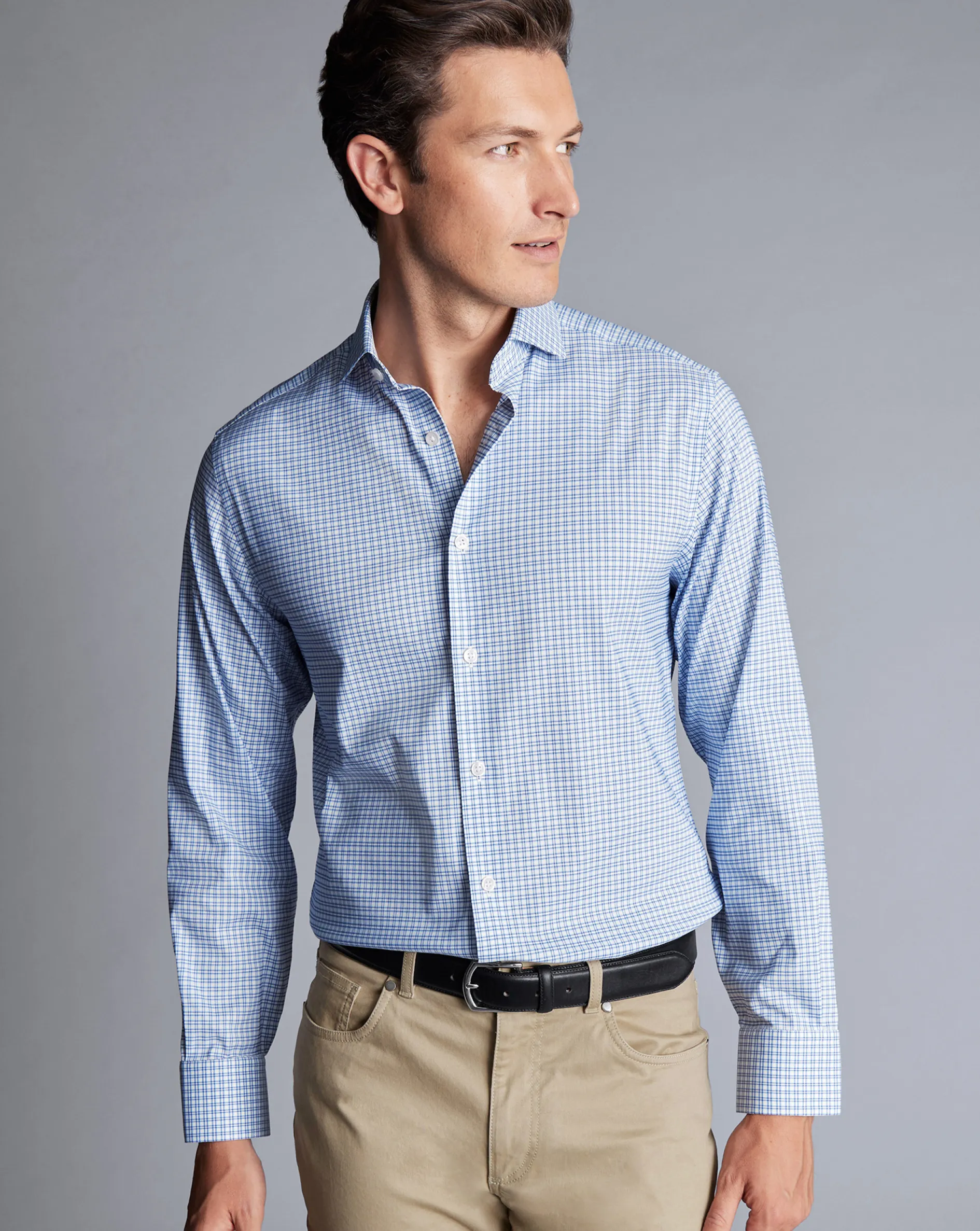 Best Sale Charles Tyrwhitt Non-Iron Stretch Twill Grid Check Shirt - Ocean Blue