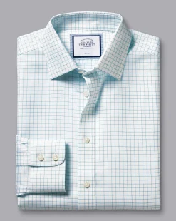 Cheap Charles Tyrwhitt Non-Iron Twill Fine Shadow Check Shirt - Green Aqua