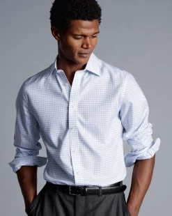 New Charles Tyrwhitt Non-Iron Twill Fine Shadow Check Shirt - Cornflower Blue
