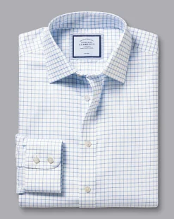 New Charles Tyrwhitt Non-Iron Twill Fine Shadow Check Shirt - Cornflower Blue