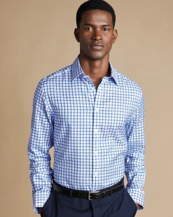 Clearance Charles Tyrwhitt Non-Iron Twill Grid Check Shirt - Cobalt Blue